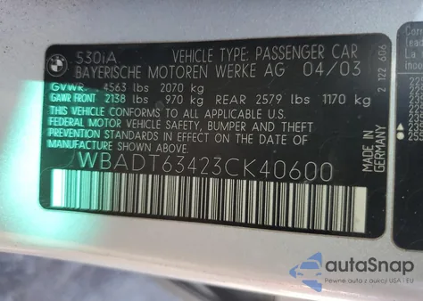 2003 BMW 530 I Automatic z USA, uszkodzony, nr VIN WBADT63423CK40600